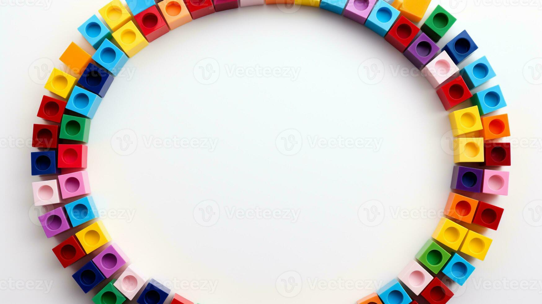 Colorful plastic bricks for kid, toddler, education and learning, toy shop, flat lay, copy space on white background, AI Generative photo