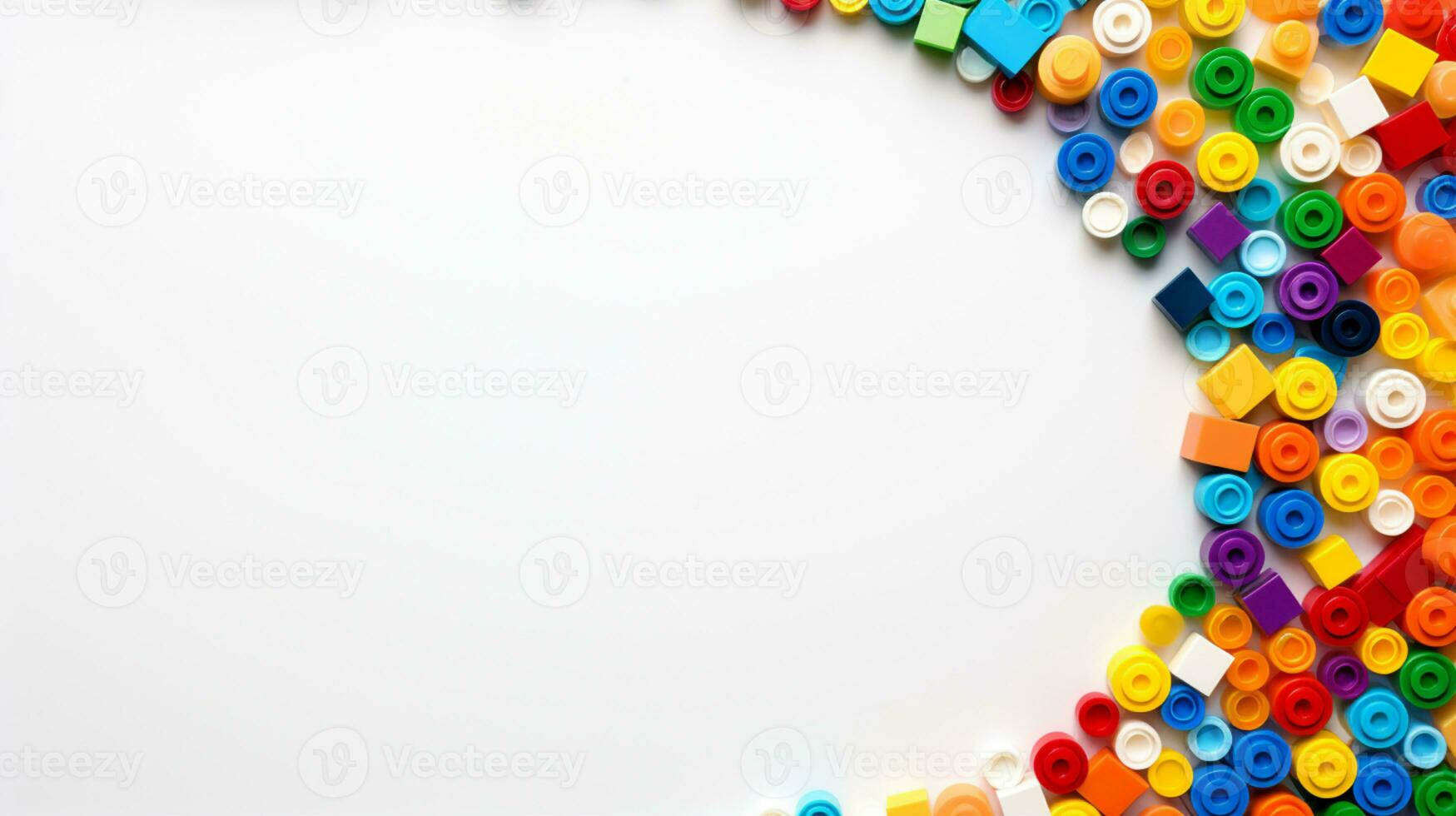 Colorful plastic bricks for kid, toddler, education and learning, toy shop, flat lay, copy space on white background, AI Generative photo