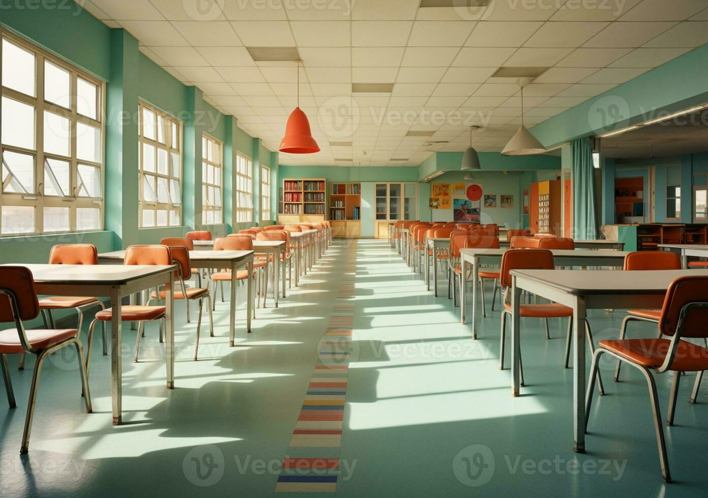 Empty Classroom school without student or teacher, empty chair and table, empty study room, AI Generative photo