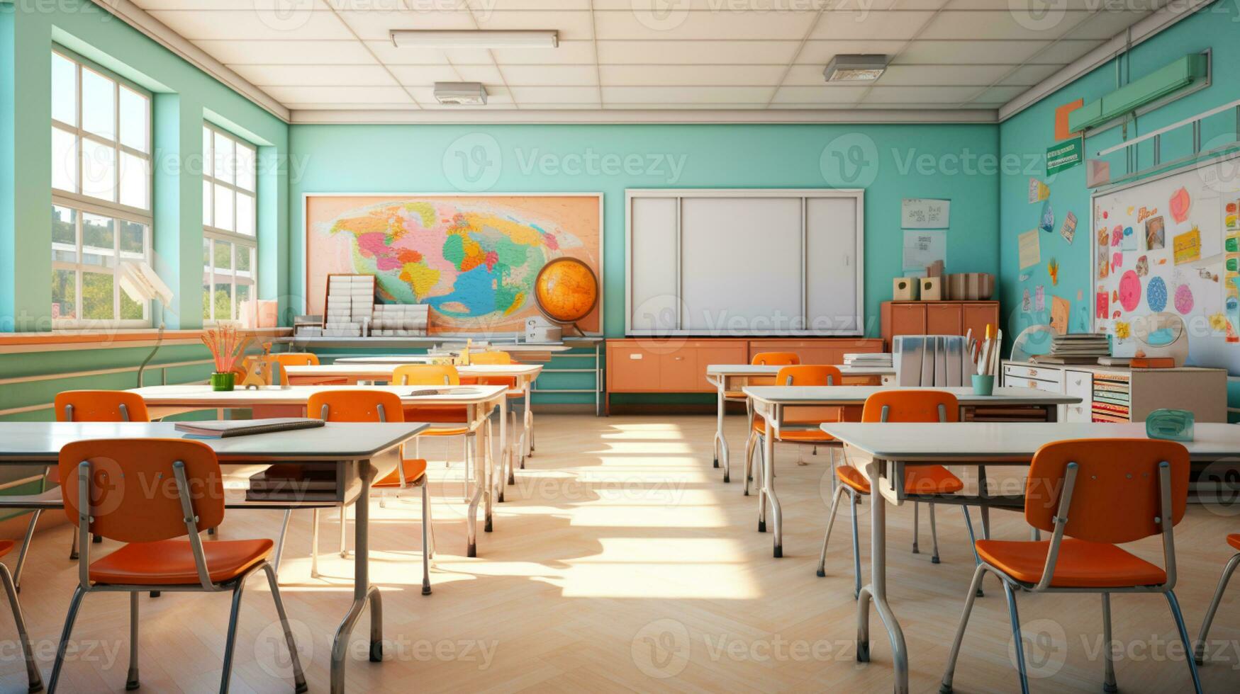 Empty Classroom school without student or teacher, empty chair and table, empty study room, AI Generative photo