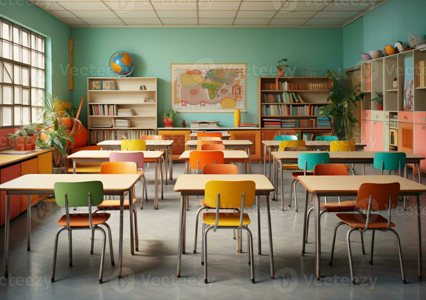 vacío salón de clases colegio sin estudiante o maestro, vacío silla y mesa, vacío estudiar habitación, ai generativo foto