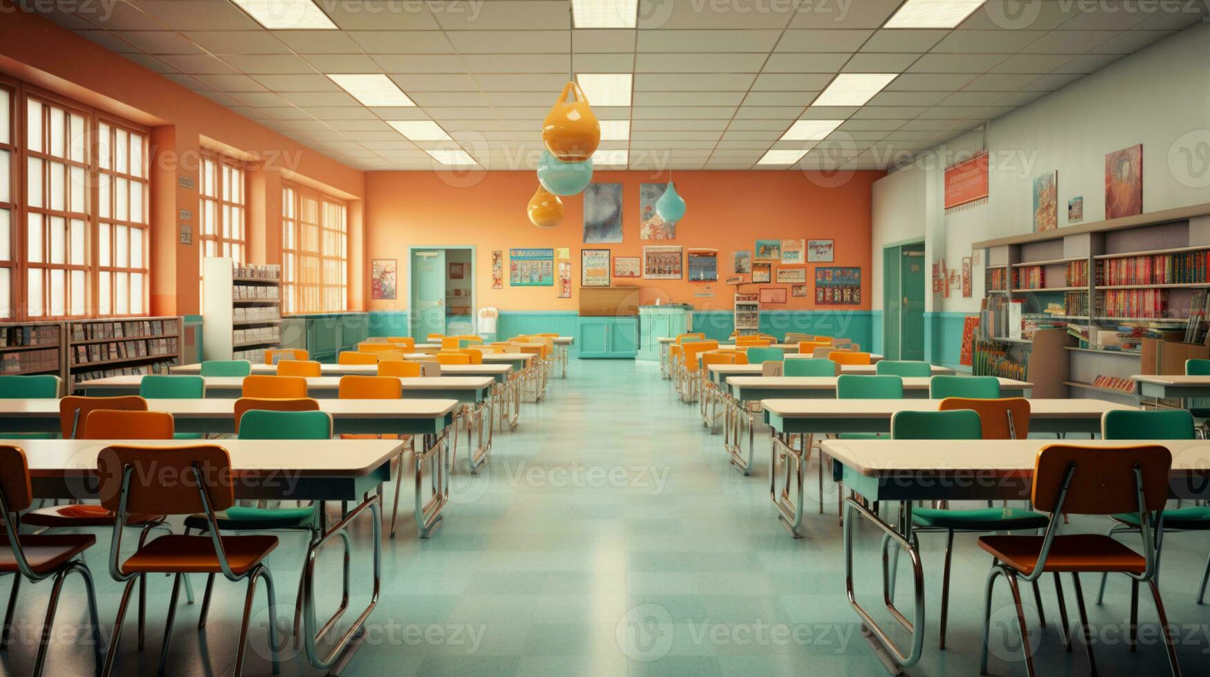 Empty Classroom school without student or teacher, empty chair and table, empty study room, AI Generative photo