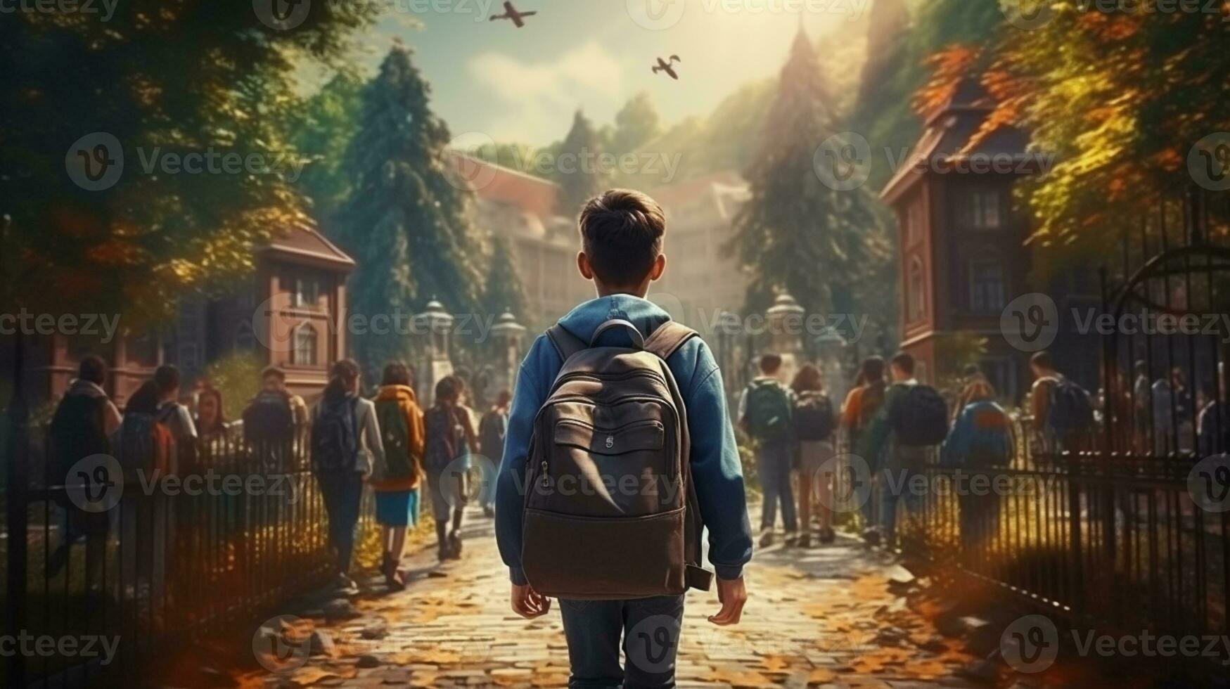 Kid with backpack going to school. back to school concept, AI Generative photo