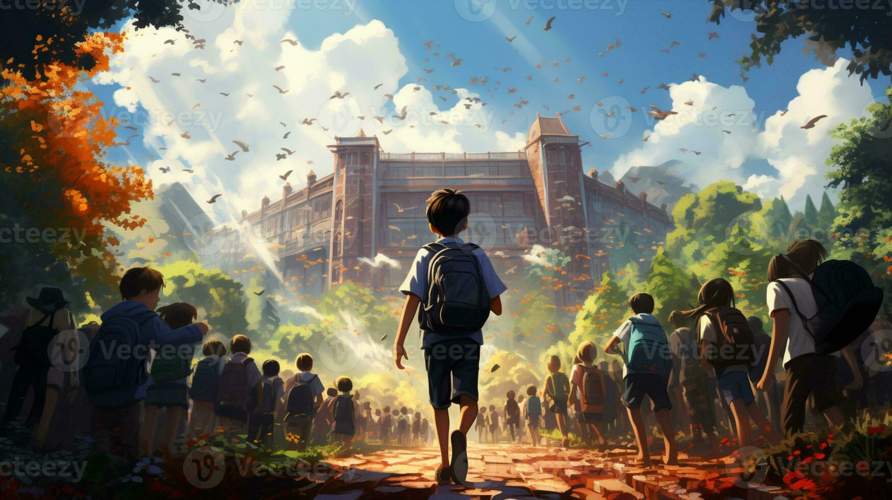 Kid with backpack going to school. back to school concept, AI Generative photo