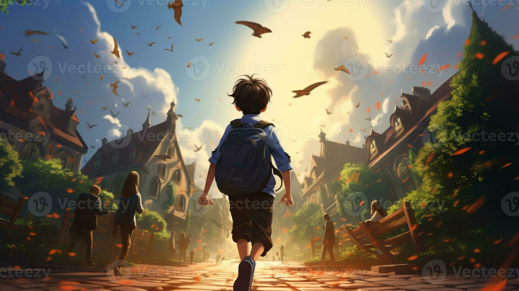 Kid with backpack going to school. back to school concept, AI Generative photo