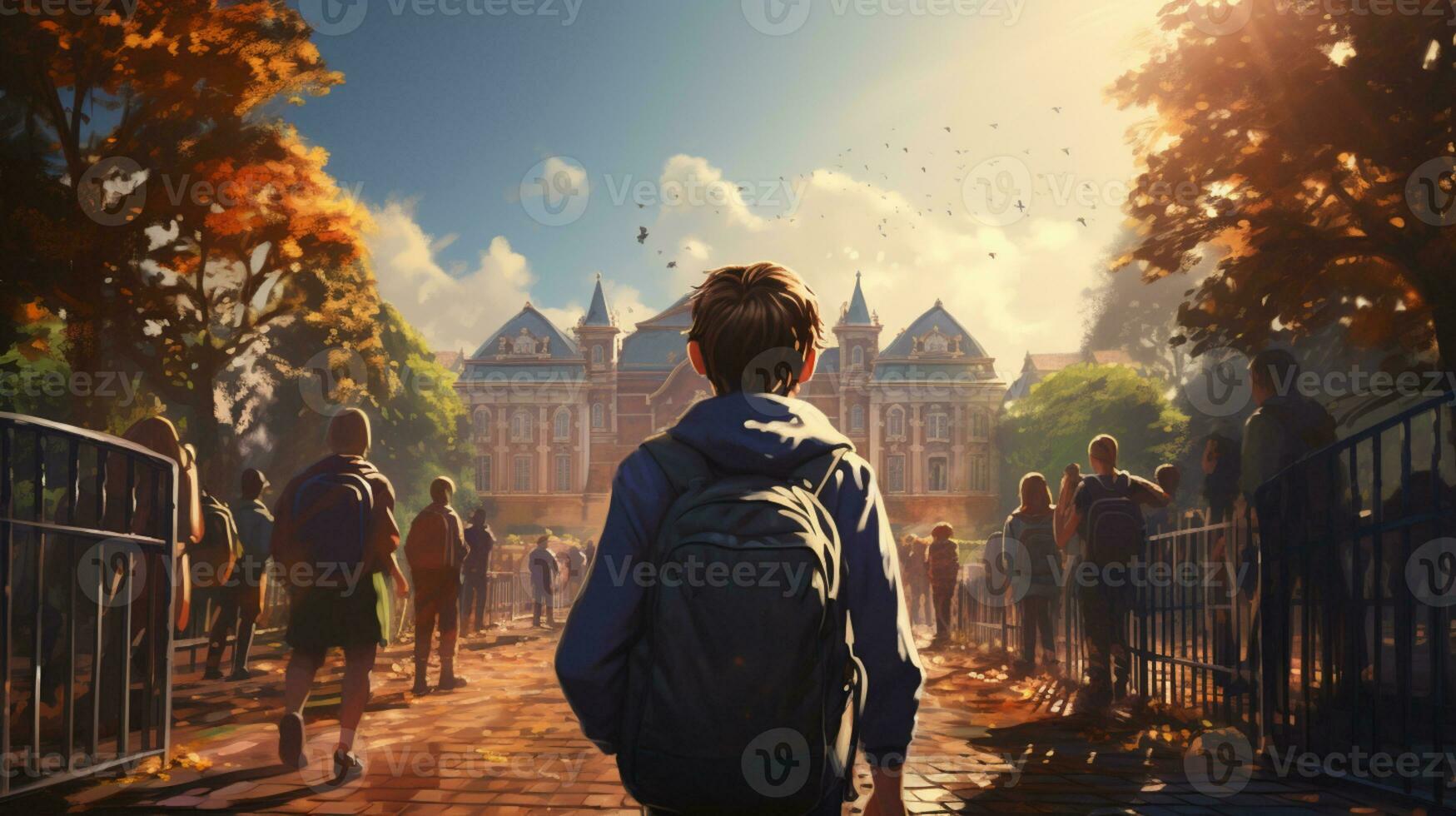 Kid with backpack going to school. back to school concept, AI Generative photo