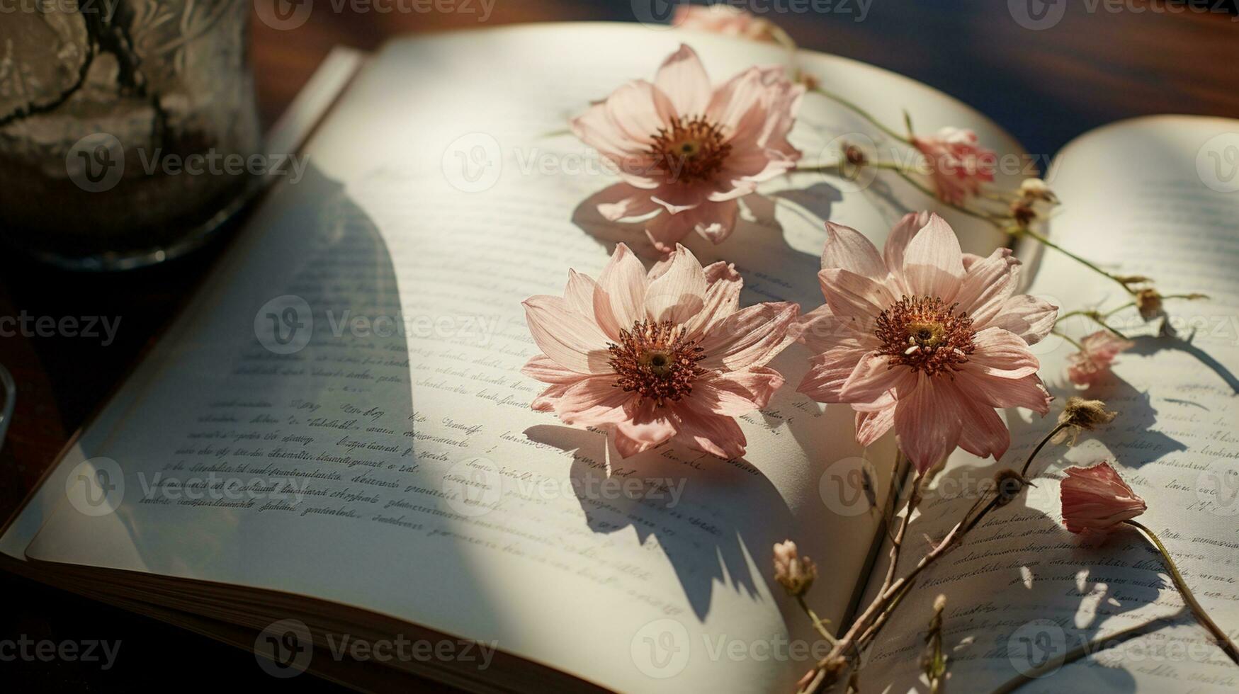 Beautiful Flower on open book, serene poetry concept, flat lay, AI Generated photo