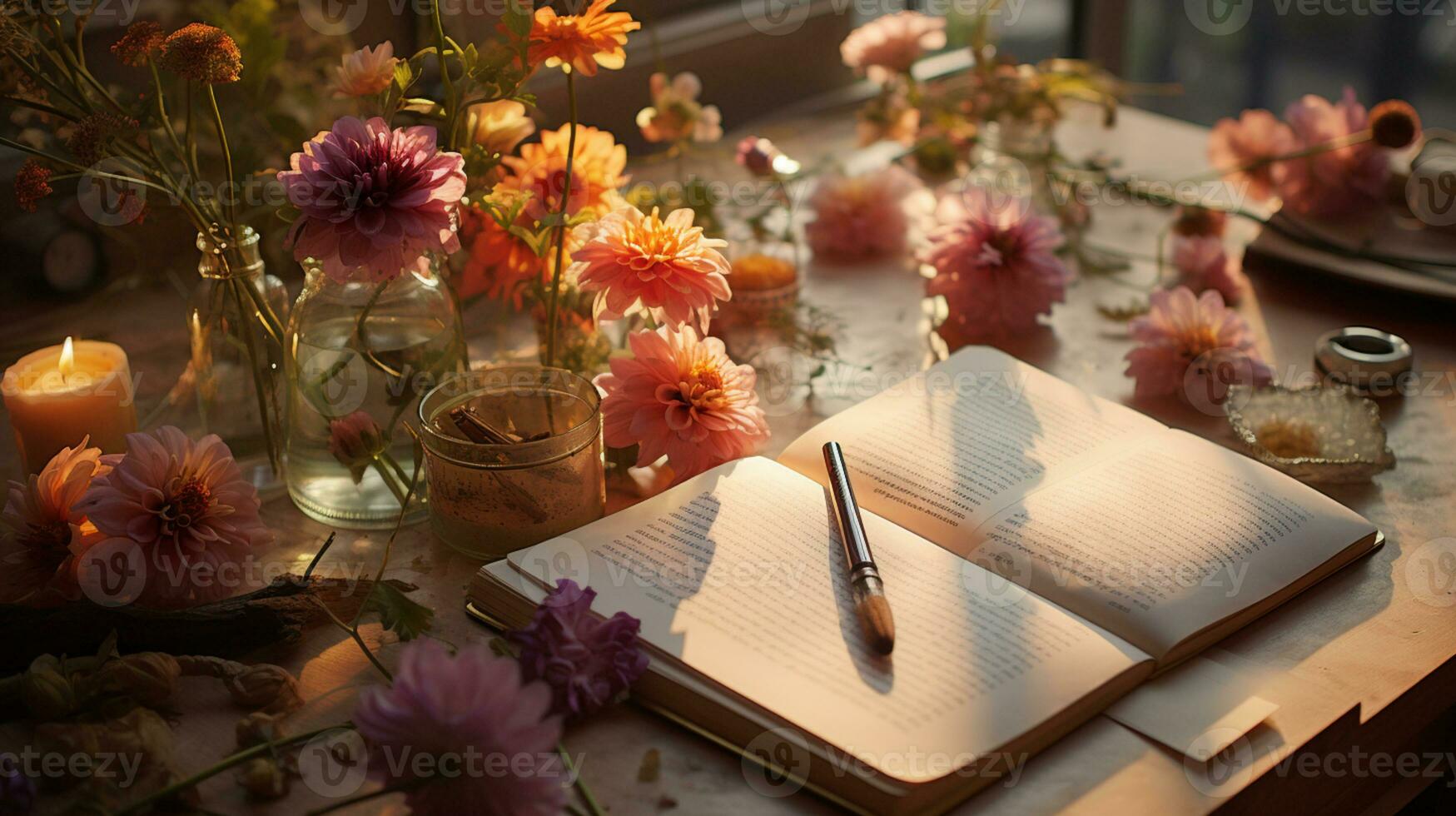 Beautiful Flower on open book, serene poetry concept photo