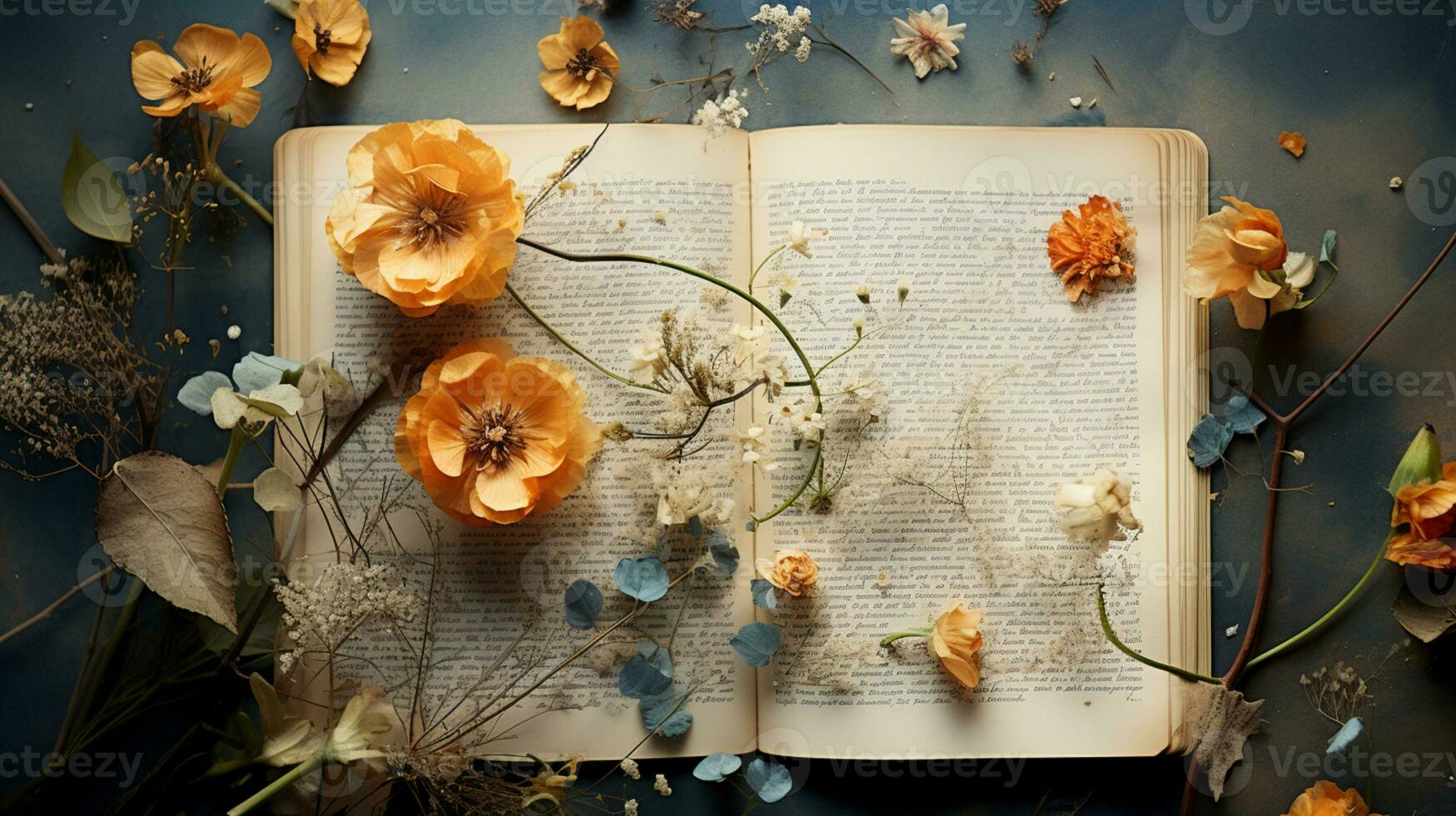 Beautiful Flower on open book, serene poetry concept, flat lay, AI Generated photo