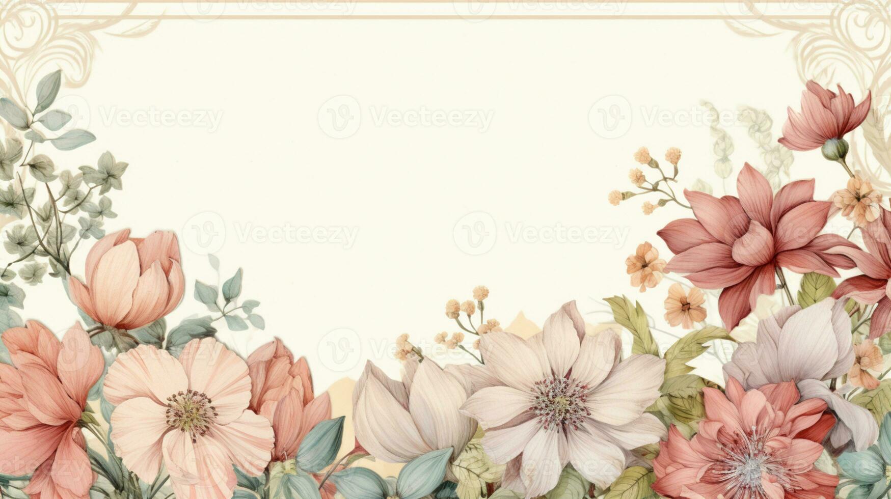 Flower frame Watercolor art style, copy space for text, wedding and greeting card, AI Generated photo