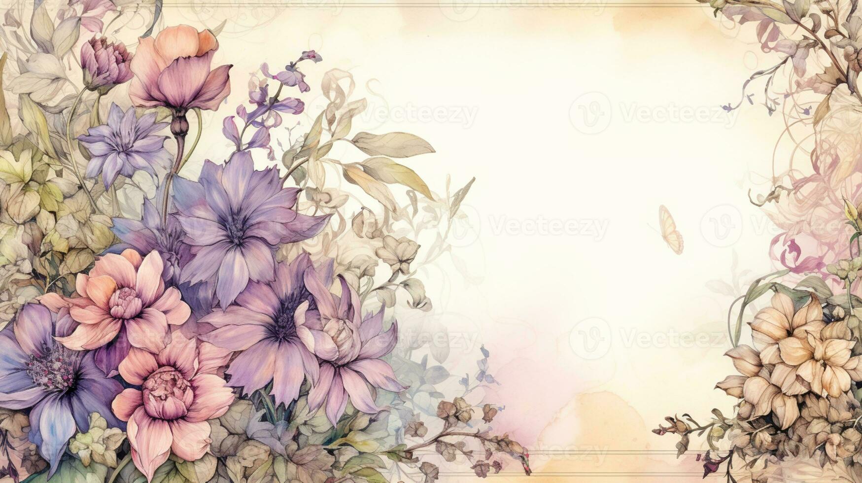 Flower frame Watercolor art style, copy space for text, wedding and greeting card, AI Generated photo