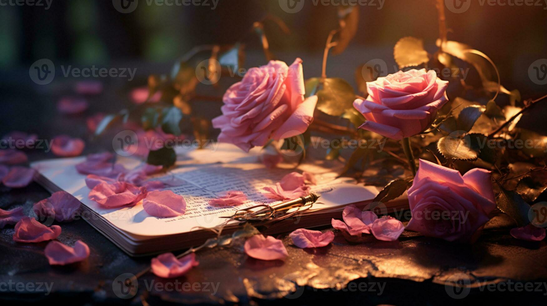 Beautiful Flower on note paper, serene poetry concept, flat lay, AI Generative photo