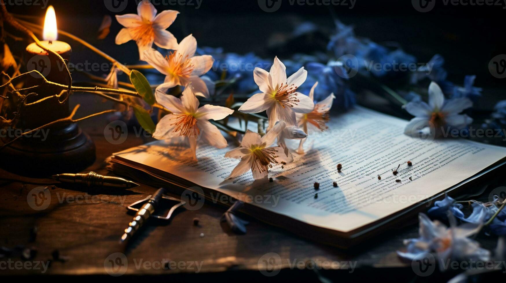 Beautiful Flower on note paper, serene poetry concept, flat lay, AI Generative photo