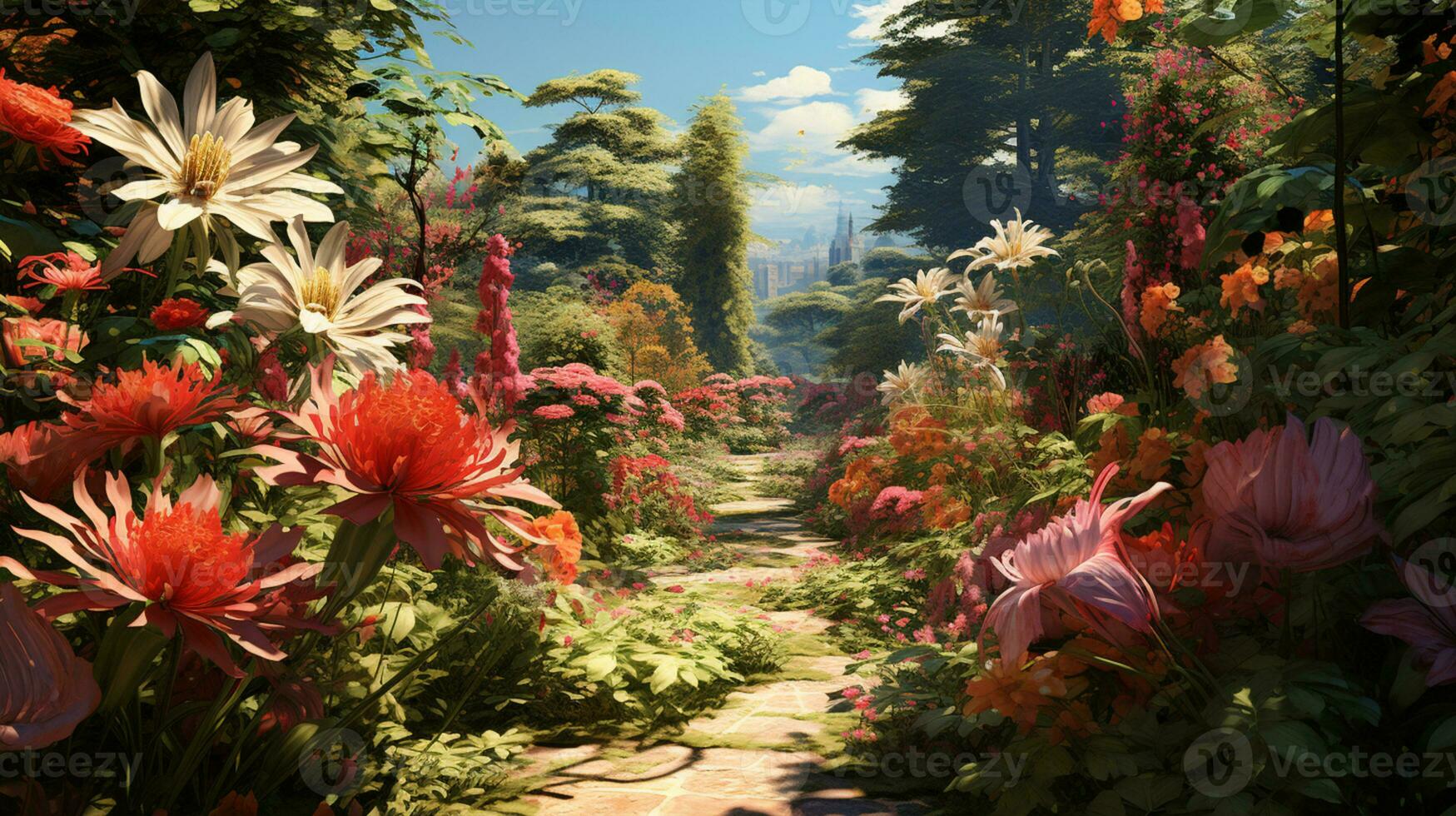 Beautiful secret garden and colorful greenery. Digital painting background, AI Generative photo