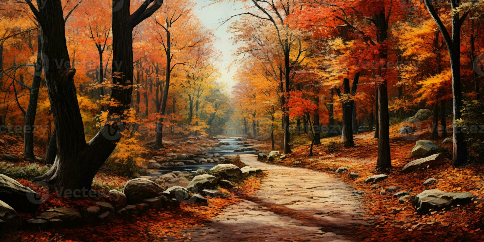 Autumn forest Scenery with road and warm sunlight shine through branches of trees, colorful nature, AI Generative photo