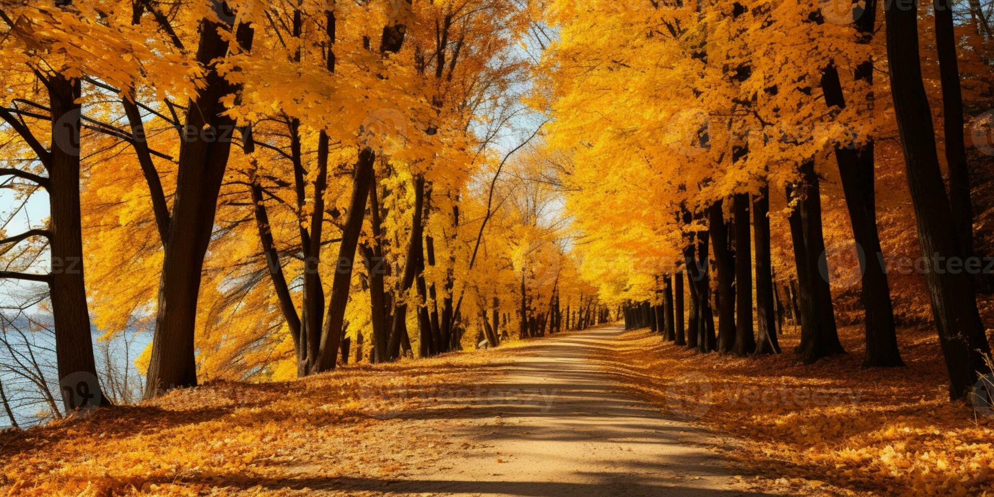 otoño bosque paisaje con la carretera y calentar luz de sol brillar mediante ramas de árboles, vistoso naturaleza, ai generativo foto