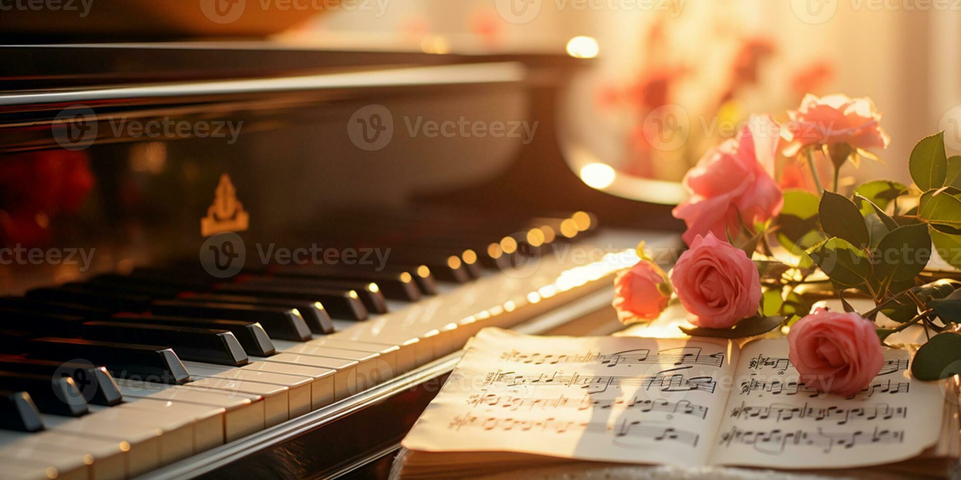 Close up of an elegant grand piano with warm sunlight, luxury, romantic scenery, music instrument, AI Generative photo