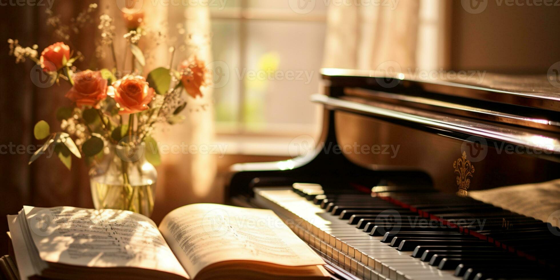 Close up of an elegant grand piano with warm sunlight, luxury, romantic scenery, music instrument, AI Generative photo