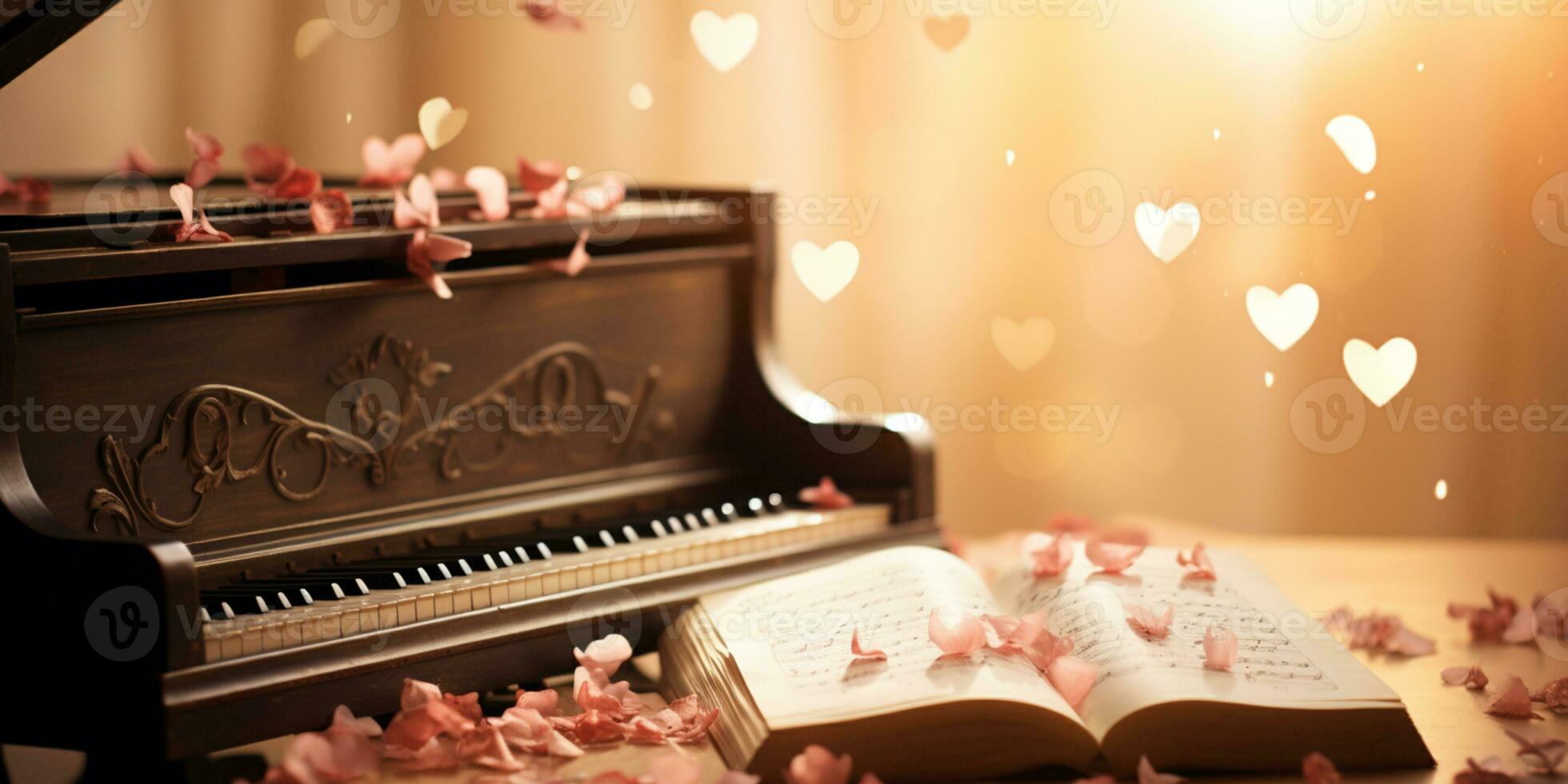 Close up of an elegant grand piano with warm sunlight, luxury, romantic scenery, music instrument, AI Generative photo