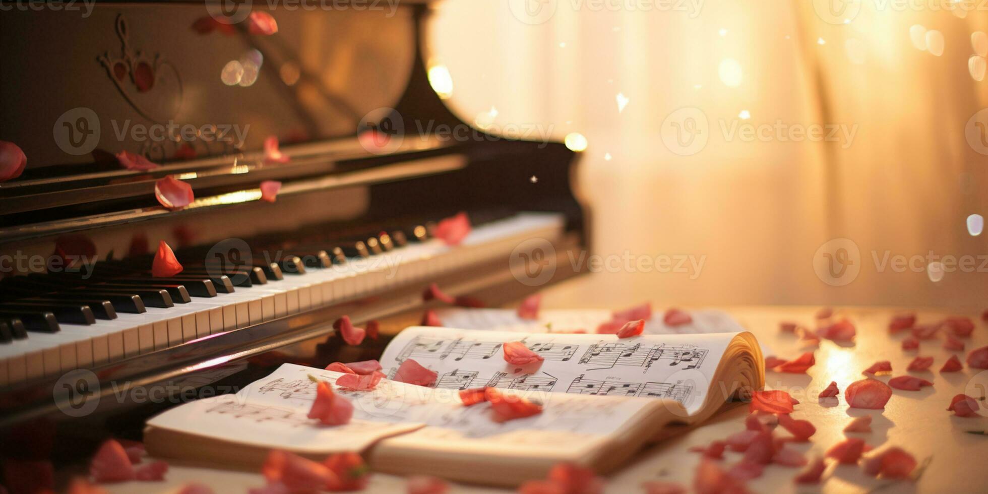 Close up of an elegant grand piano with warm sunlight, luxury, romantic scenery, music instrument, AI Generative photo