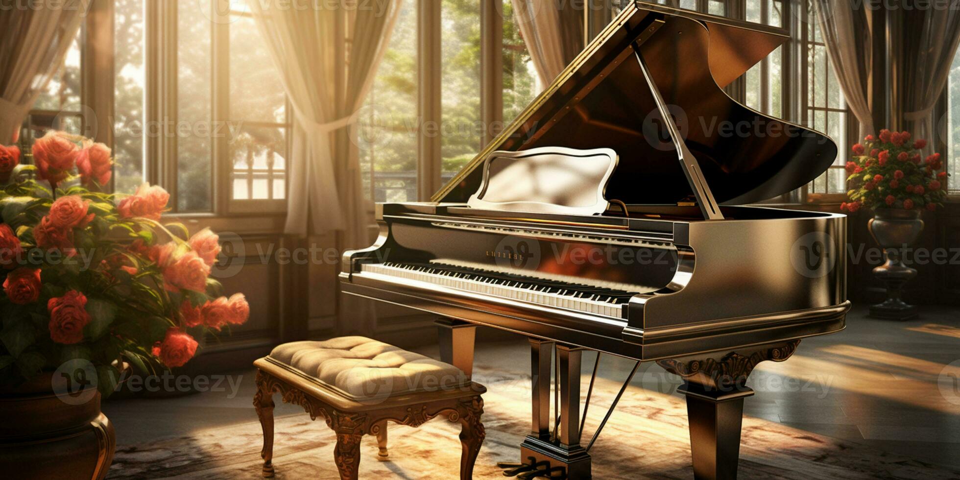 Close up of an elegant grand piano with warm sunlight, luxury, romantic scenery, music instrument, AI Generative photo