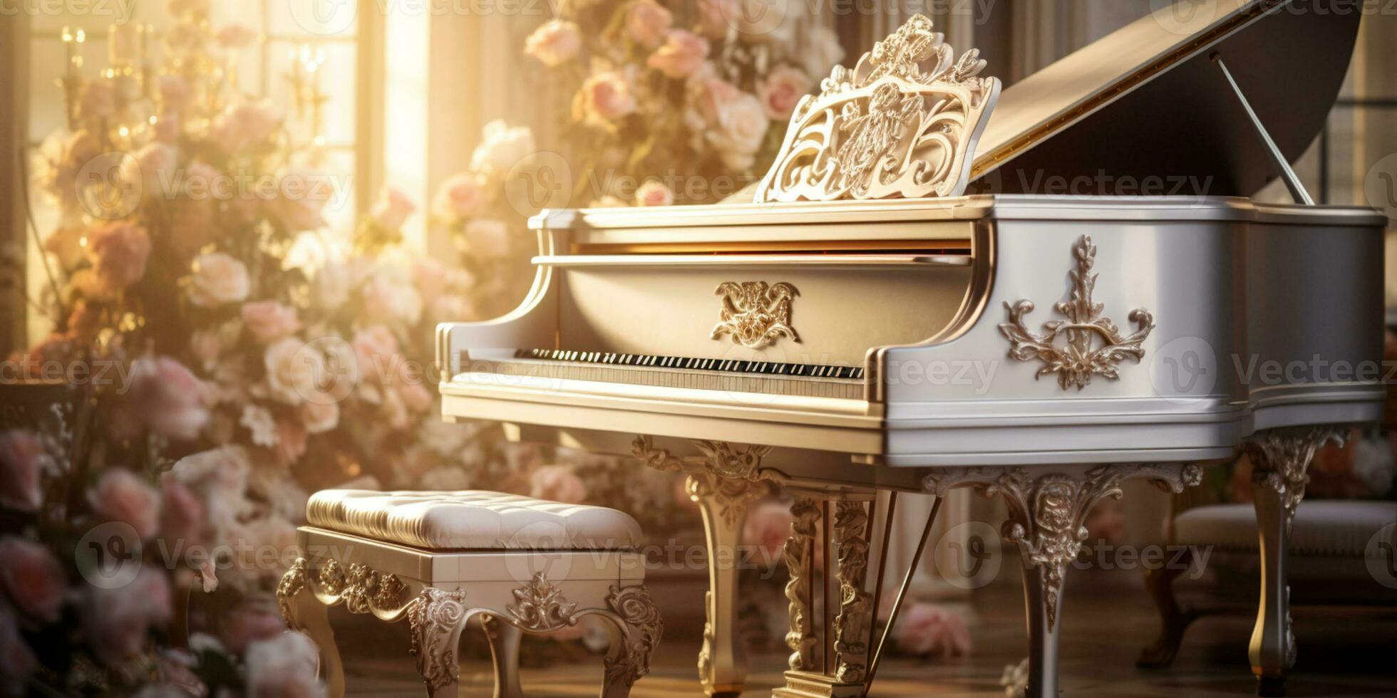 Close up of an elegant grand piano with warm sunlight, luxury, romantic scenery, music instrument, AI Generative photo