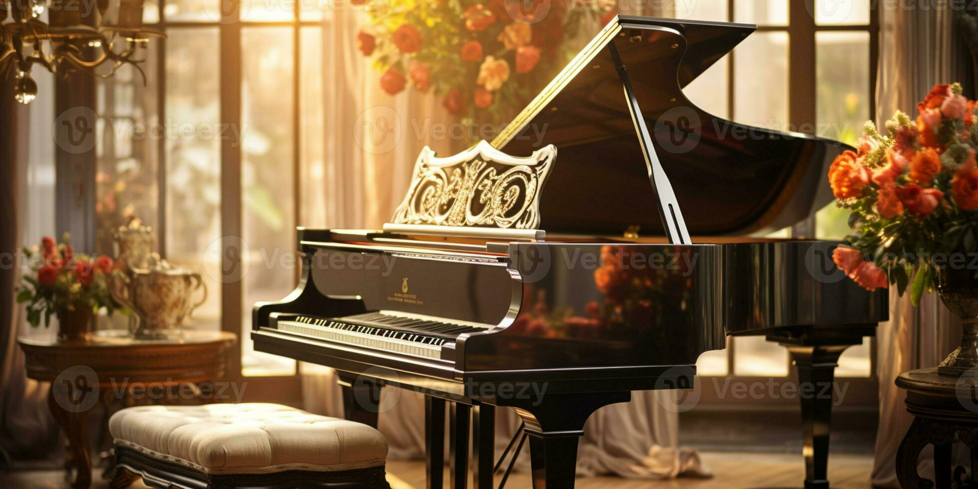 Close up of an elegant grand piano with warm sunlight, luxury, romantic scenery, music instrument, AI Generative photo