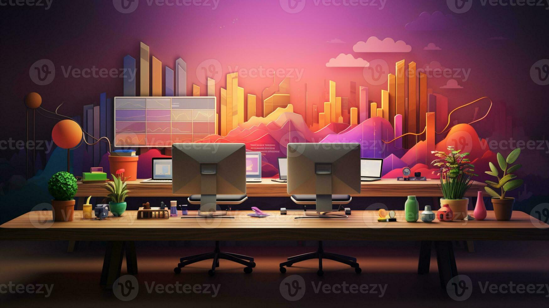 company workspace illustration, connected to corporate network, AI Generative photo