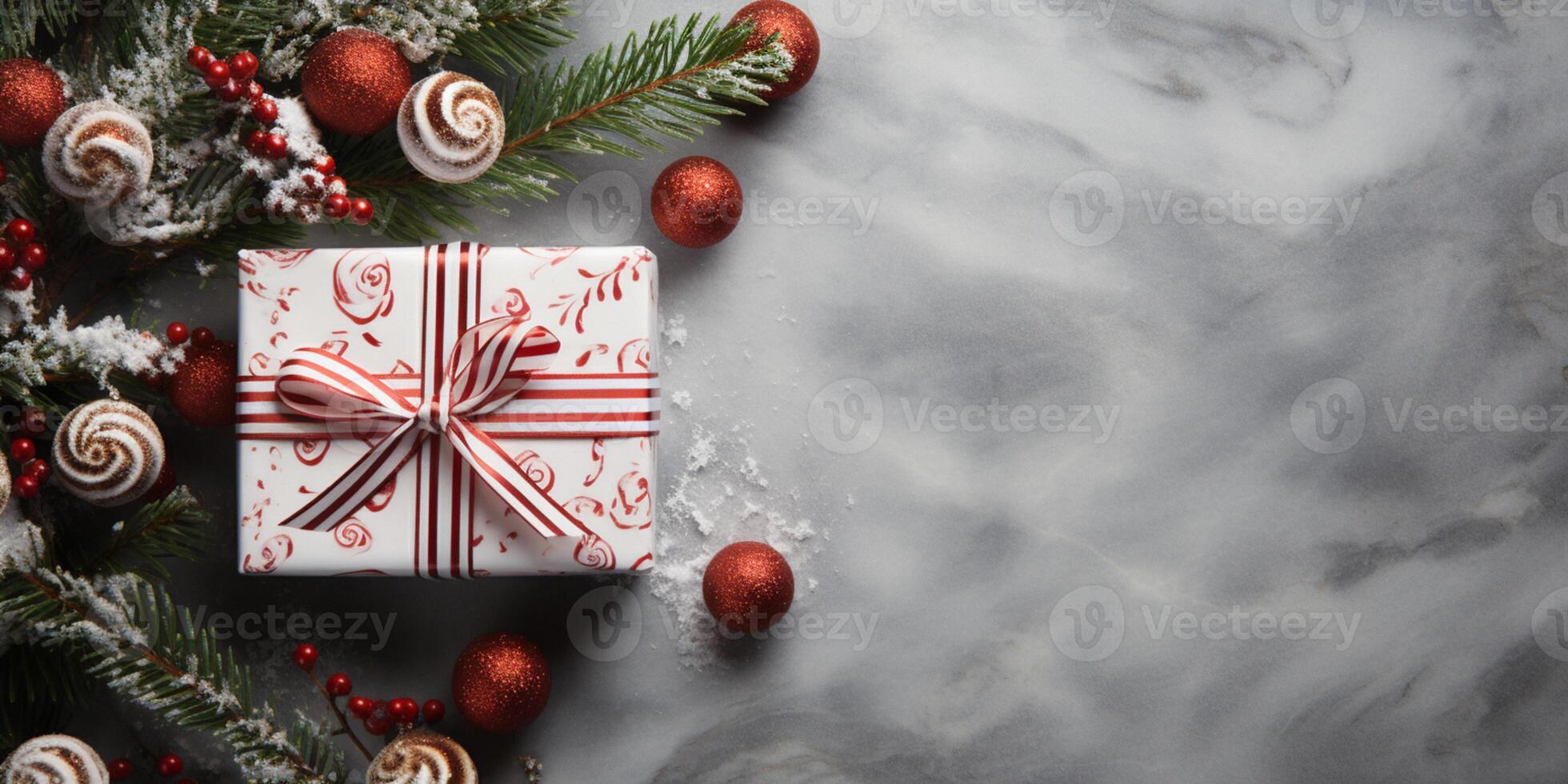 Christmas wrapping present, gift box with ribbon, copy space, AI Generative photo