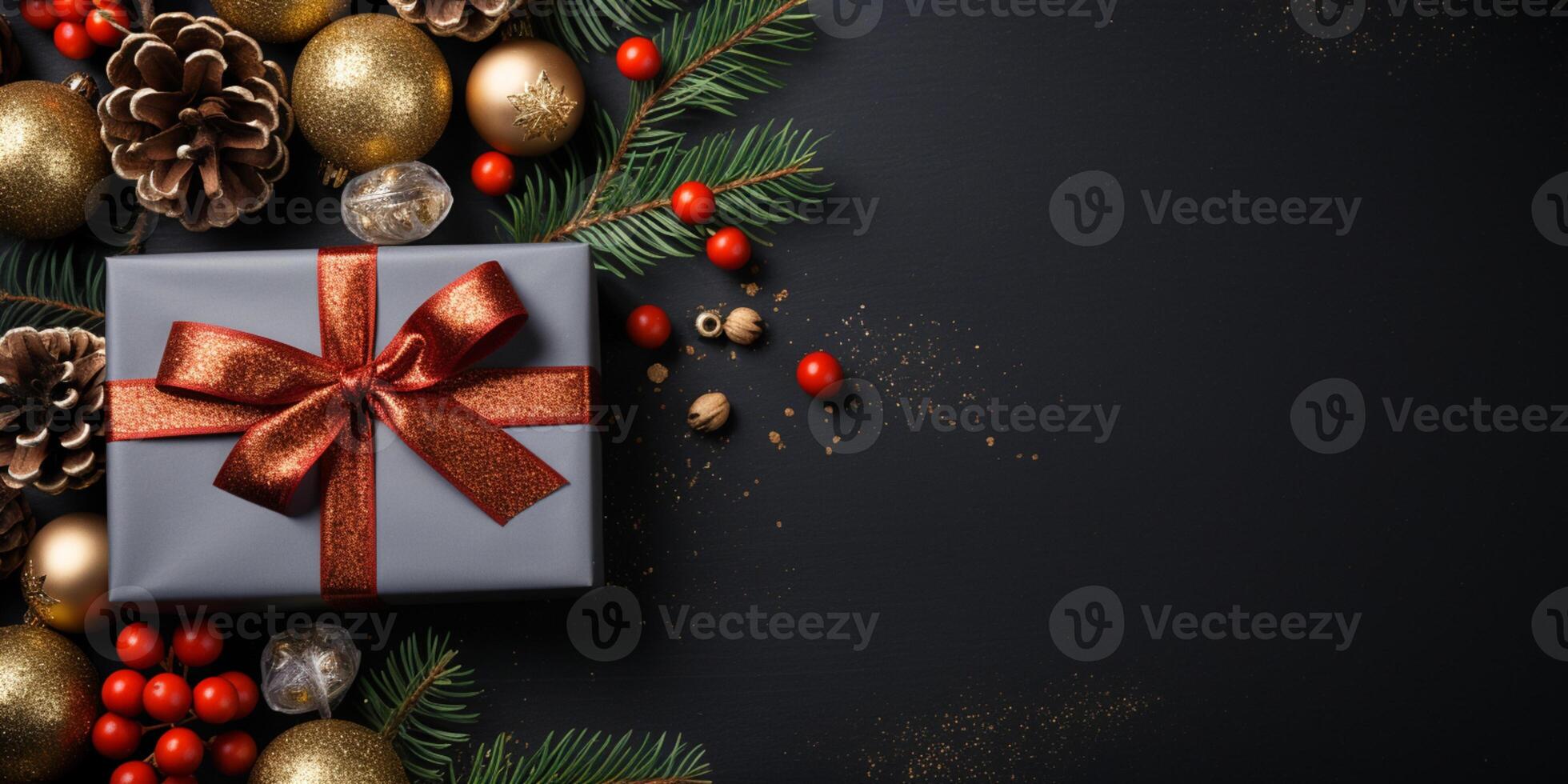 Christmas wrapping present, gift box with ribbon, copy space, AI Generative photo