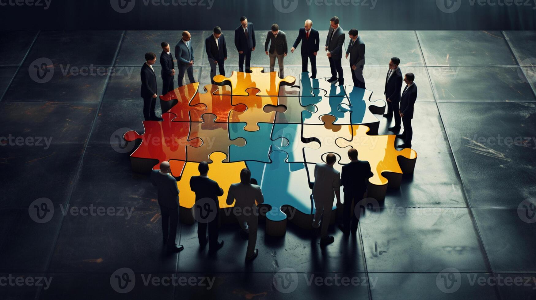 Business people working together, Jigsaw Puzzles represent businessmen work together to find solution, AI Generative photo