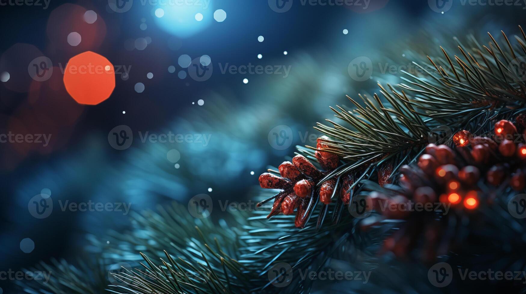 Close up of lighted Christmas tree Ornament, winter holidays decoration, copy Space, greeting card, AI Generative photo