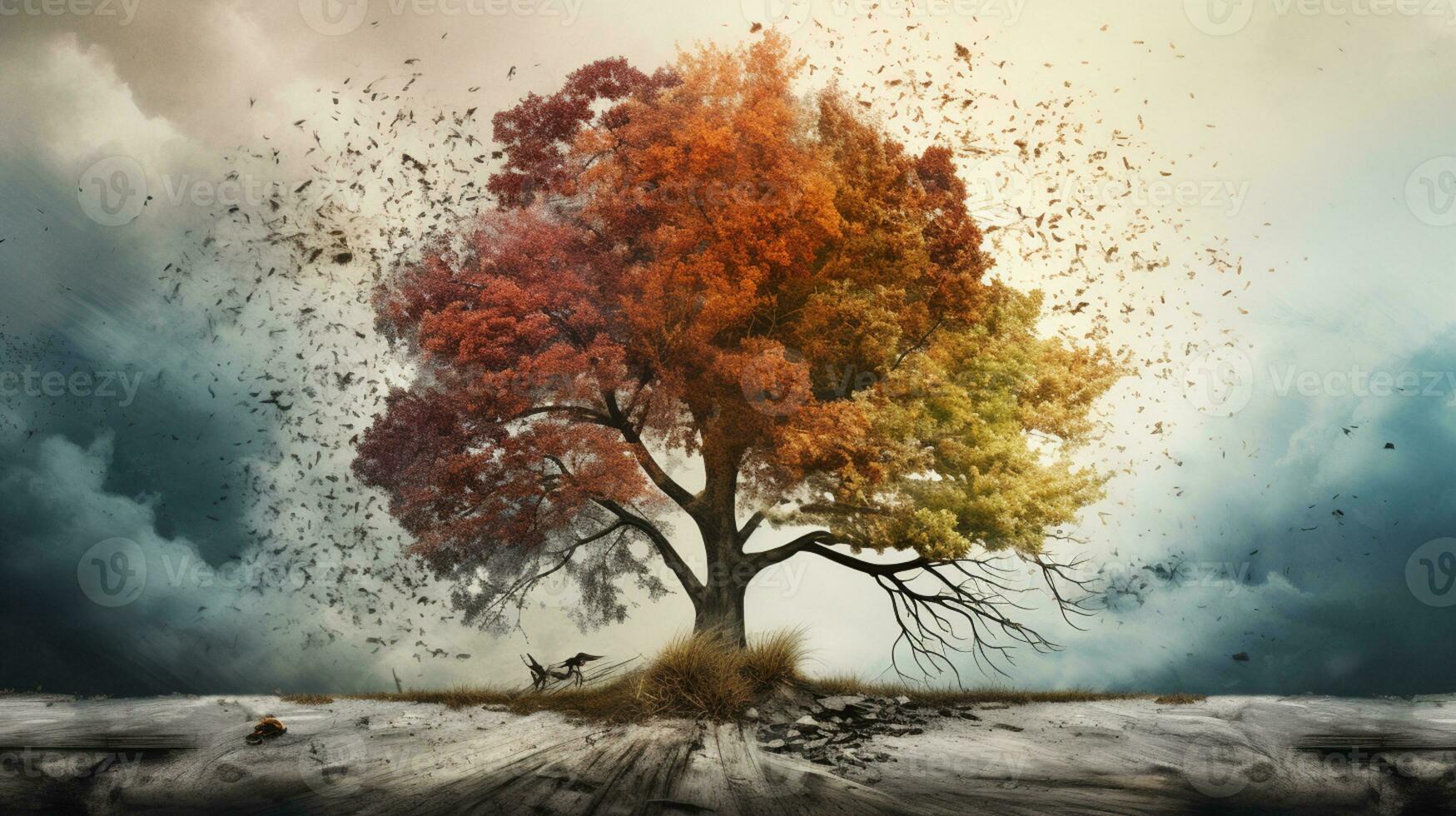 Season change on tree, represent change time through year, AI Generative photo