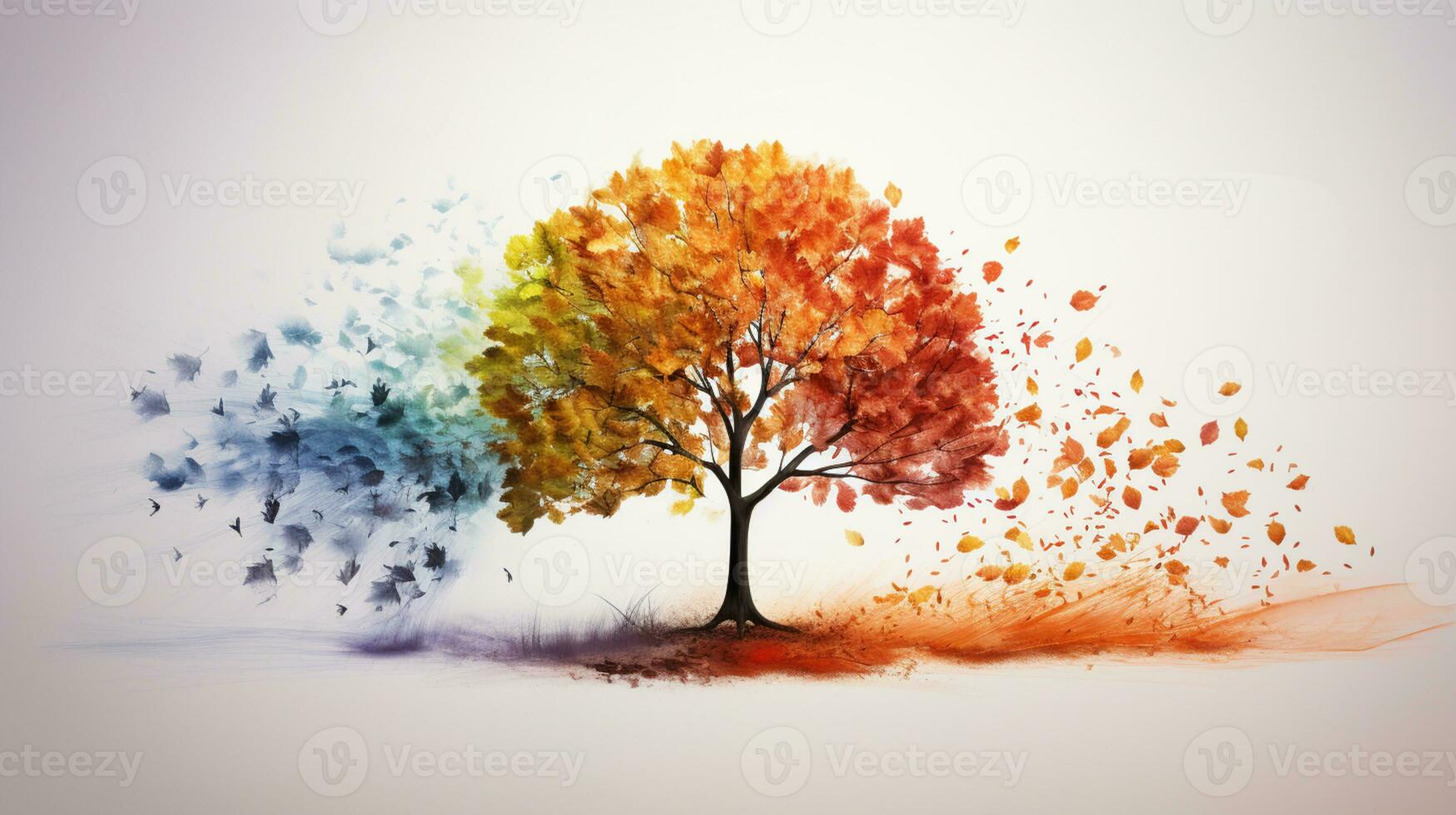 Season change on tree, represent change time through year, AI Generative photo