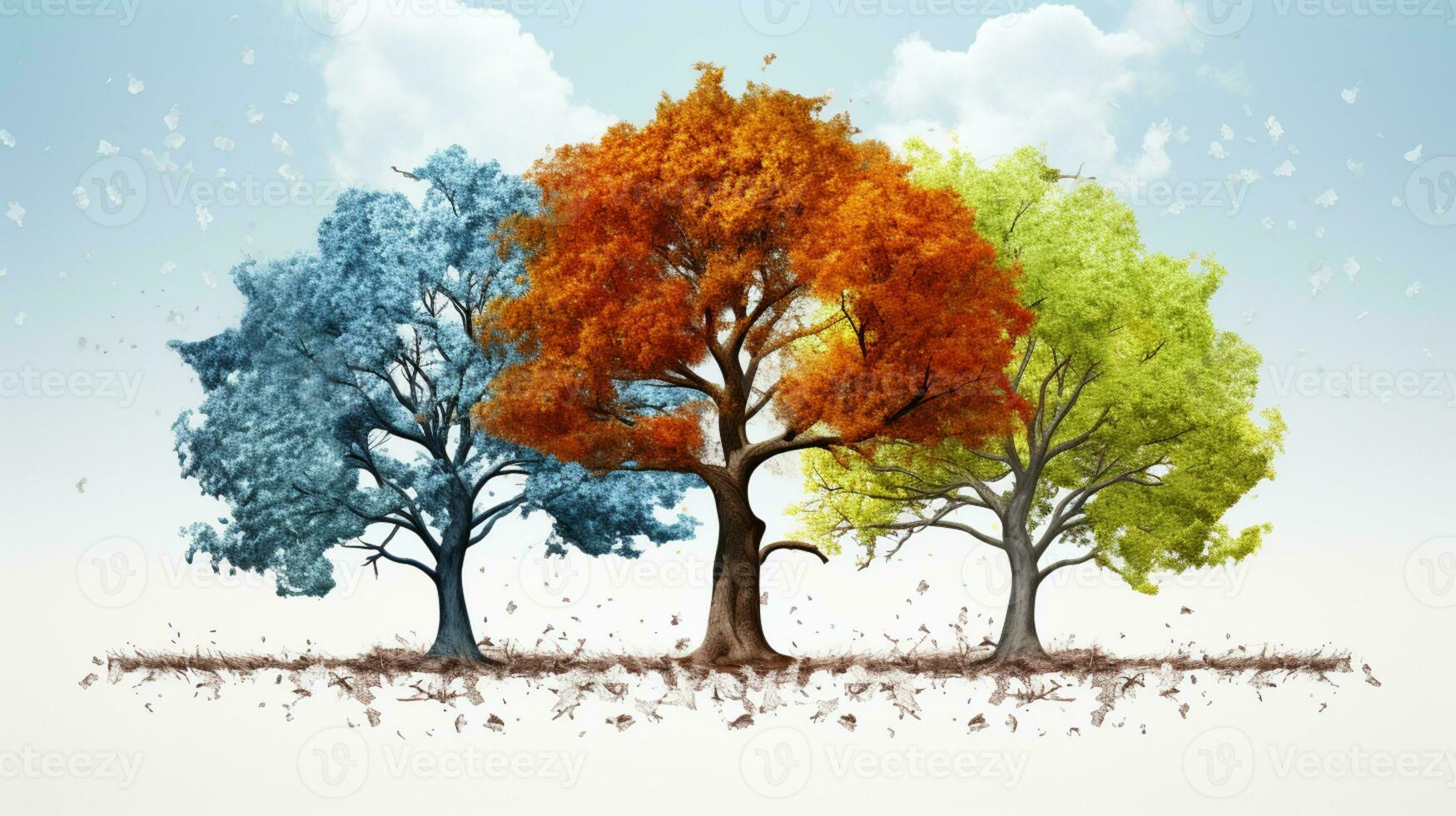 Season change on tree, represent change time through year, AI Generative photo