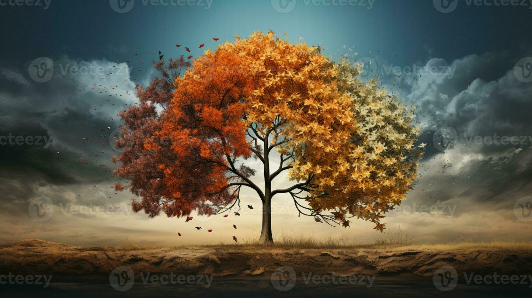 Season change on tree, represent change time through year, AI Generative photo