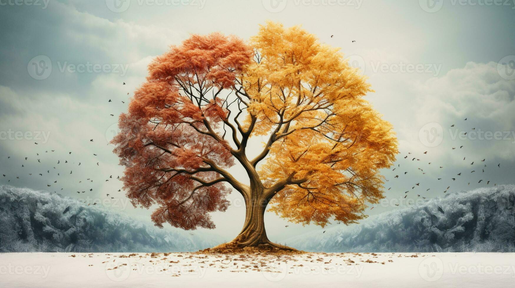 Season change on tree, represent change time through year, AI Generative photo