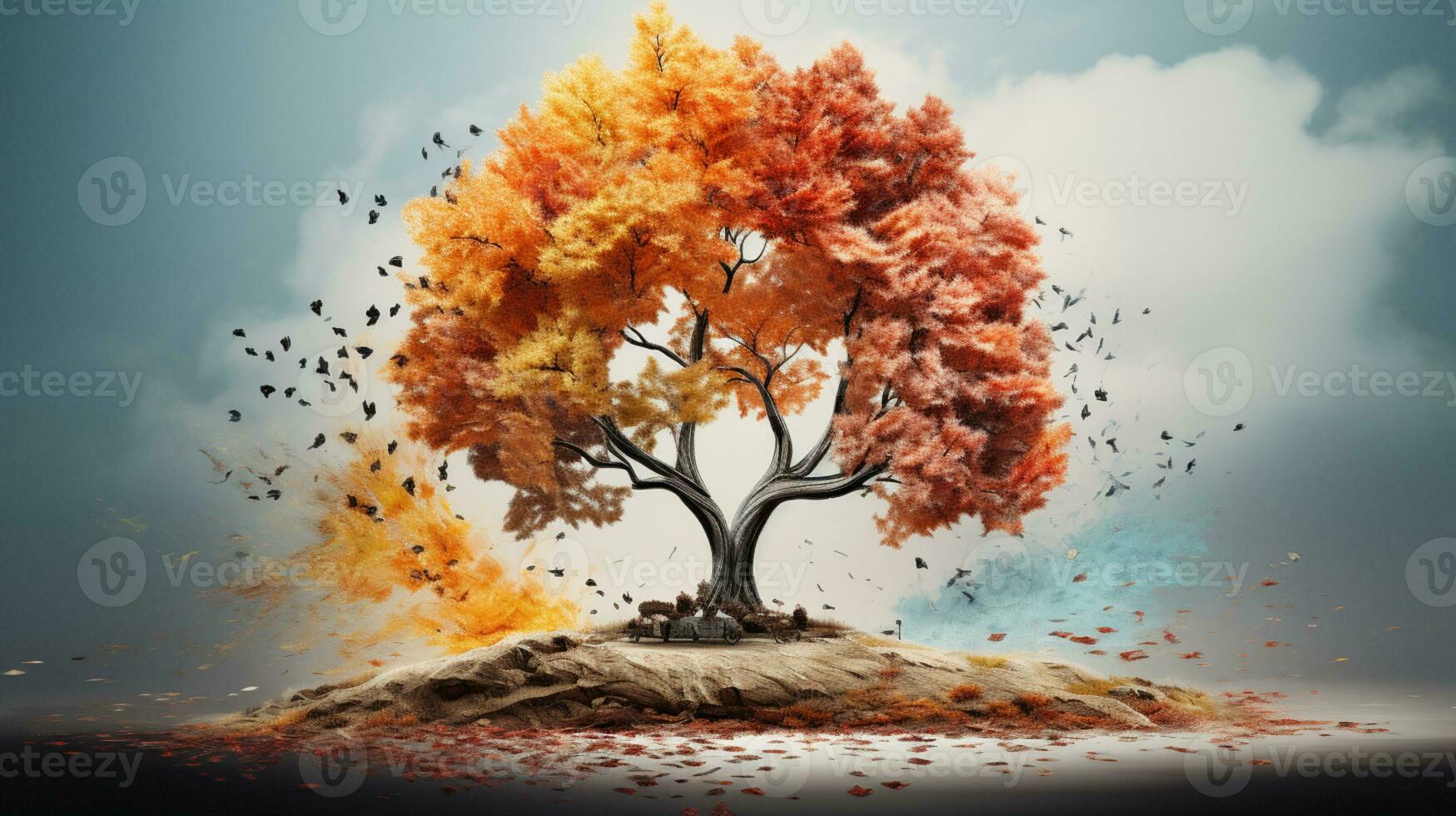 Season change on tree, represent change time through year, AI Generative photo