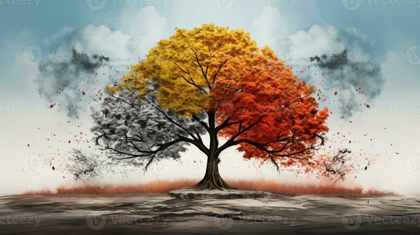 Season change on tree, represent change time through year, AI Generative photo