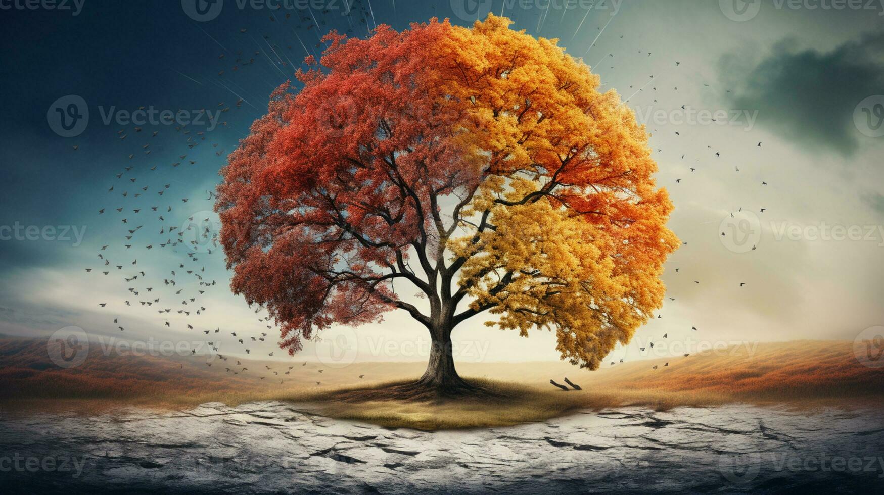 Season change on tree, represent change time through year, AI Generative photo