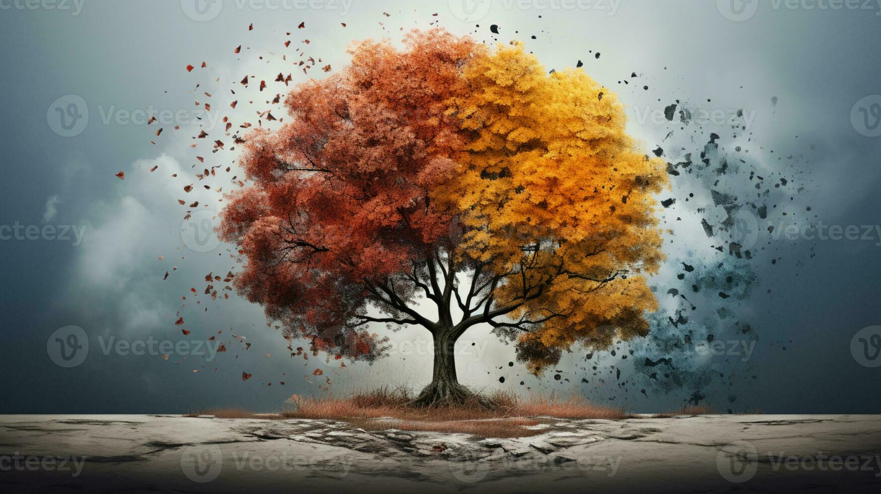 Season change on tree, represent change time through year, AI Generative photo