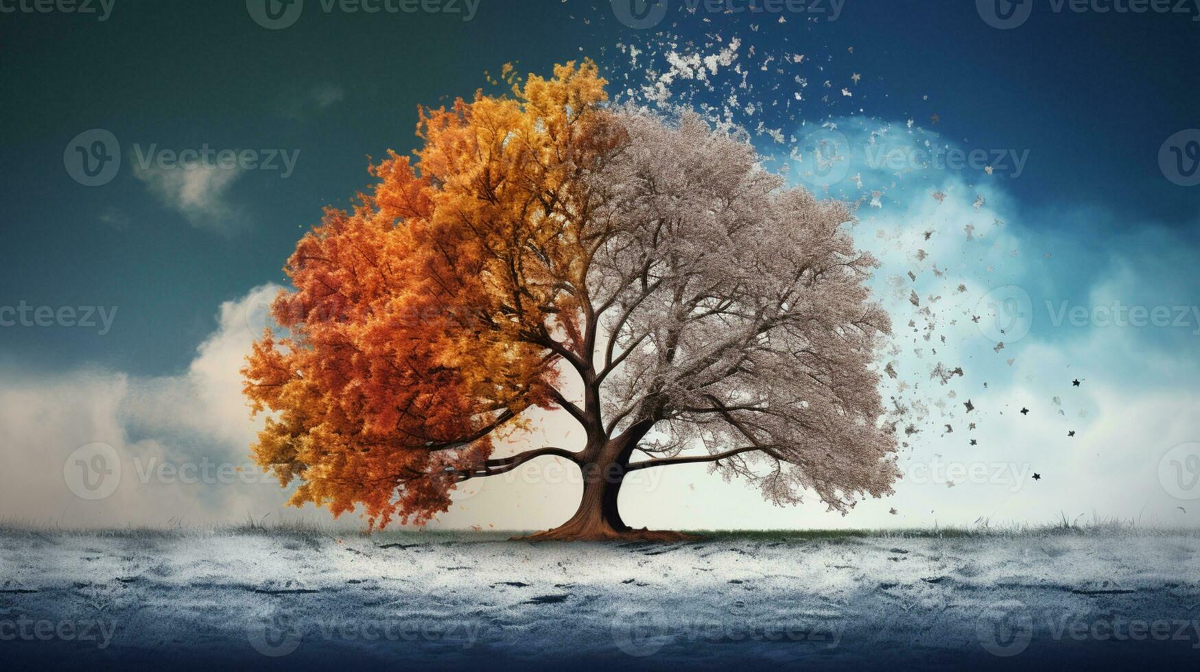 Season change on tree, represent change time through year, AI Generative photo