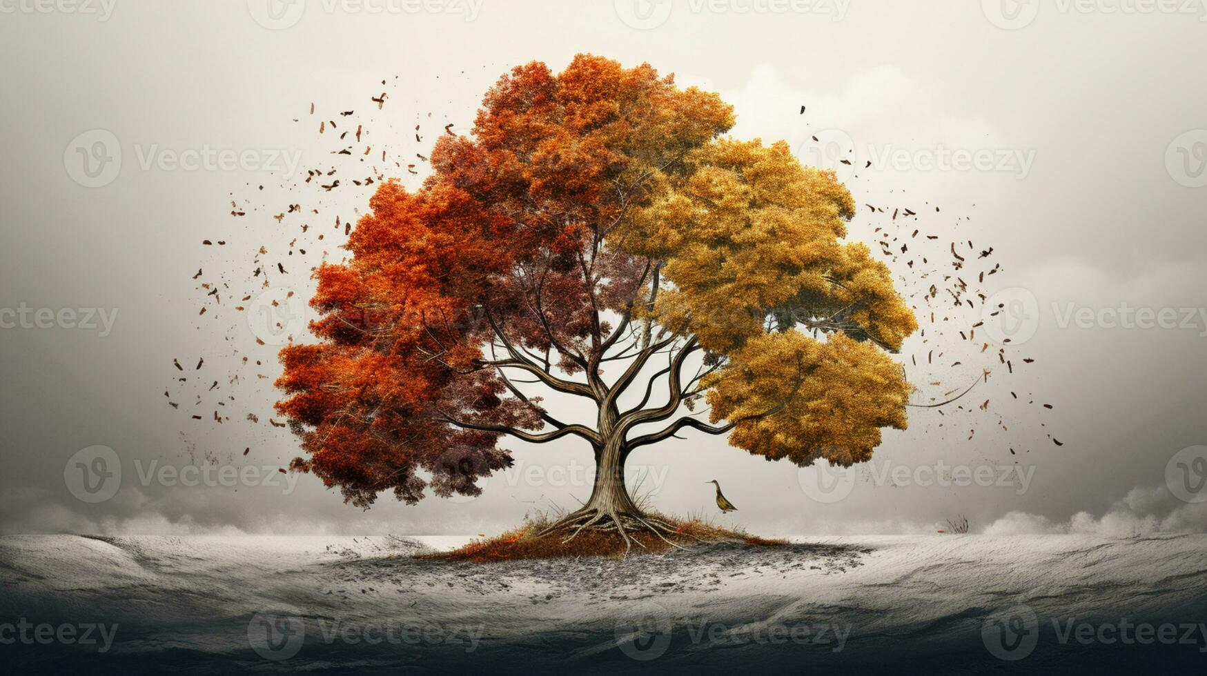 Season change on tree, represent change time through year, AI Generative photo