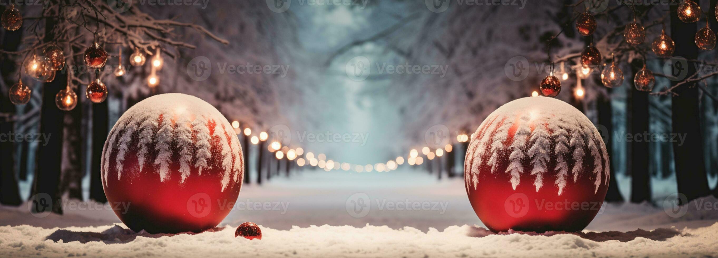 Christmas Ornament on beautiful winter scenery, Xmas Ball, copy space, AI Generative photo