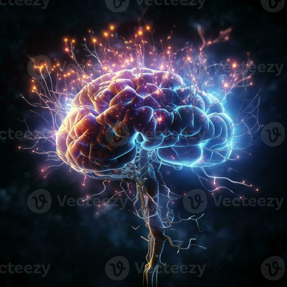 Human brain nervous system and glowing neurons, science concept, AI Generative photo