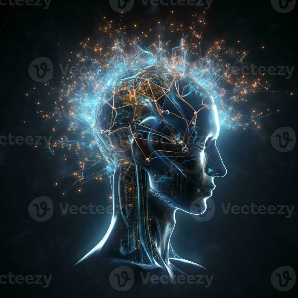 Human brain nervous system and glowing neurons, science concept, AI Generative photo