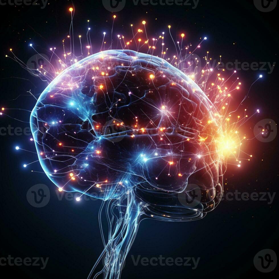 Human brain nervous system and glowing neurons, science concept, AI Generative photo
