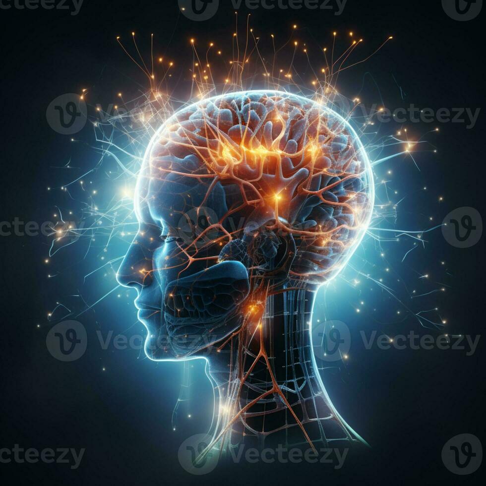 Human brain nervous system and glowing neurons, science concept, AI Generative photo