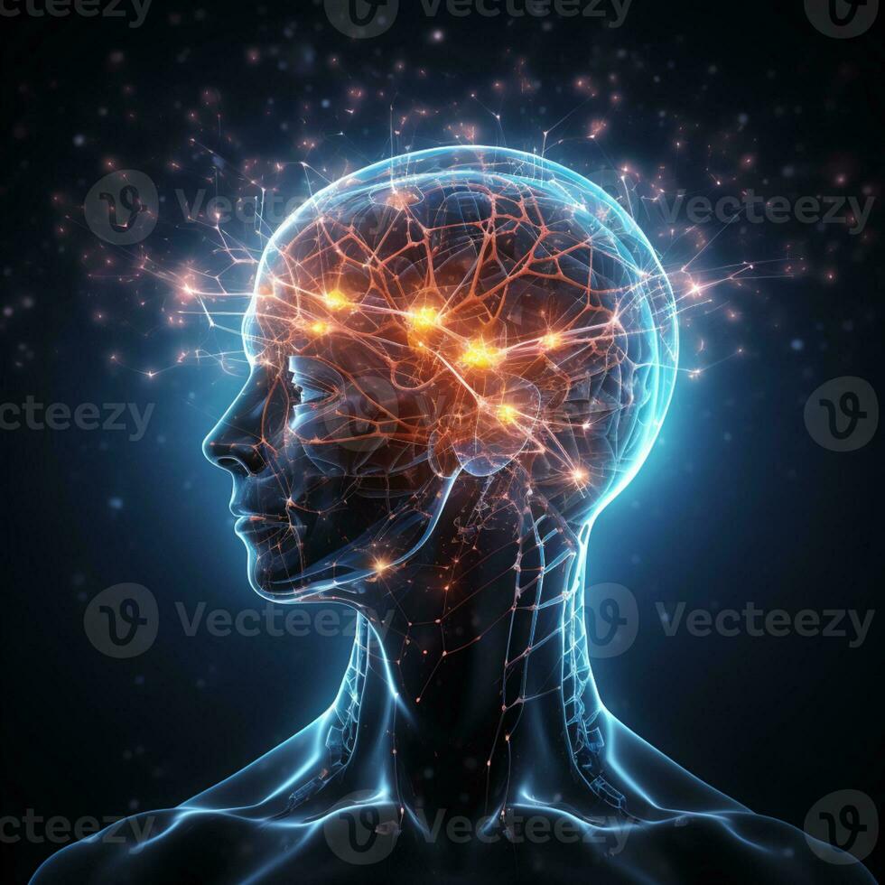 Human brain nervous system and glowing neurons, science concept, AI Generative photo
