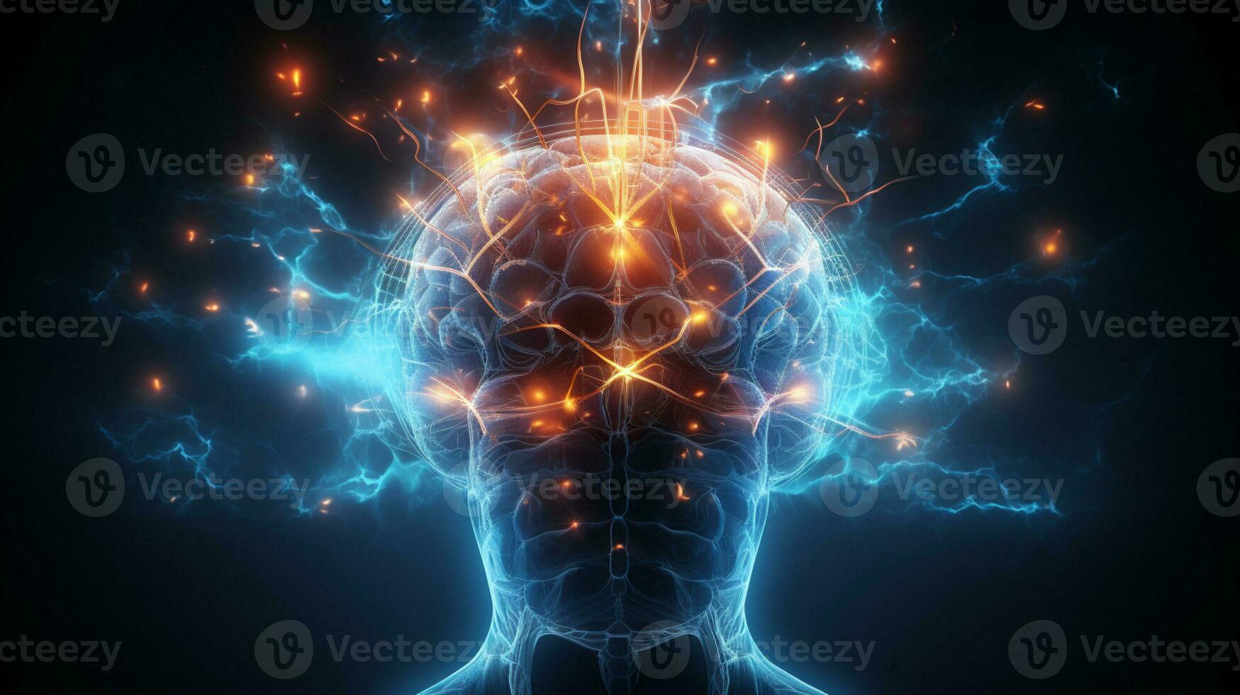 Human brain nervous system and glowing neurons, science concept, AI Generative photo